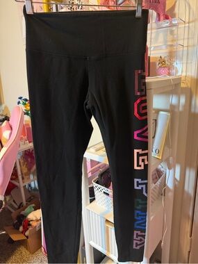 PINK Victoria's Secret Black Leggings with Multicolor 'LOVE' Side Graphic